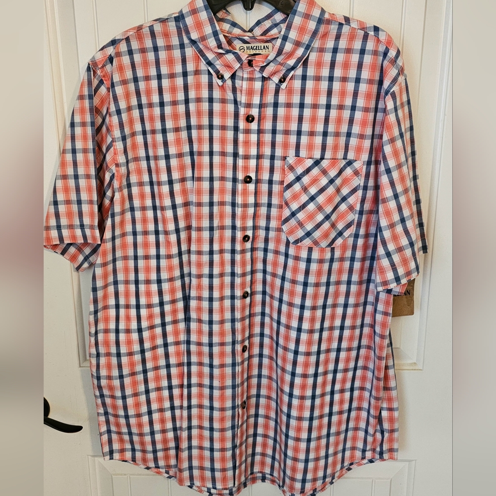 Magellan Outdoors Men's Orange and Blue Plaid Shirt